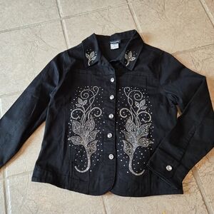 New Sparkly Black Jean Jacket S-M Rhinestones Get Lucky U.S.A.
